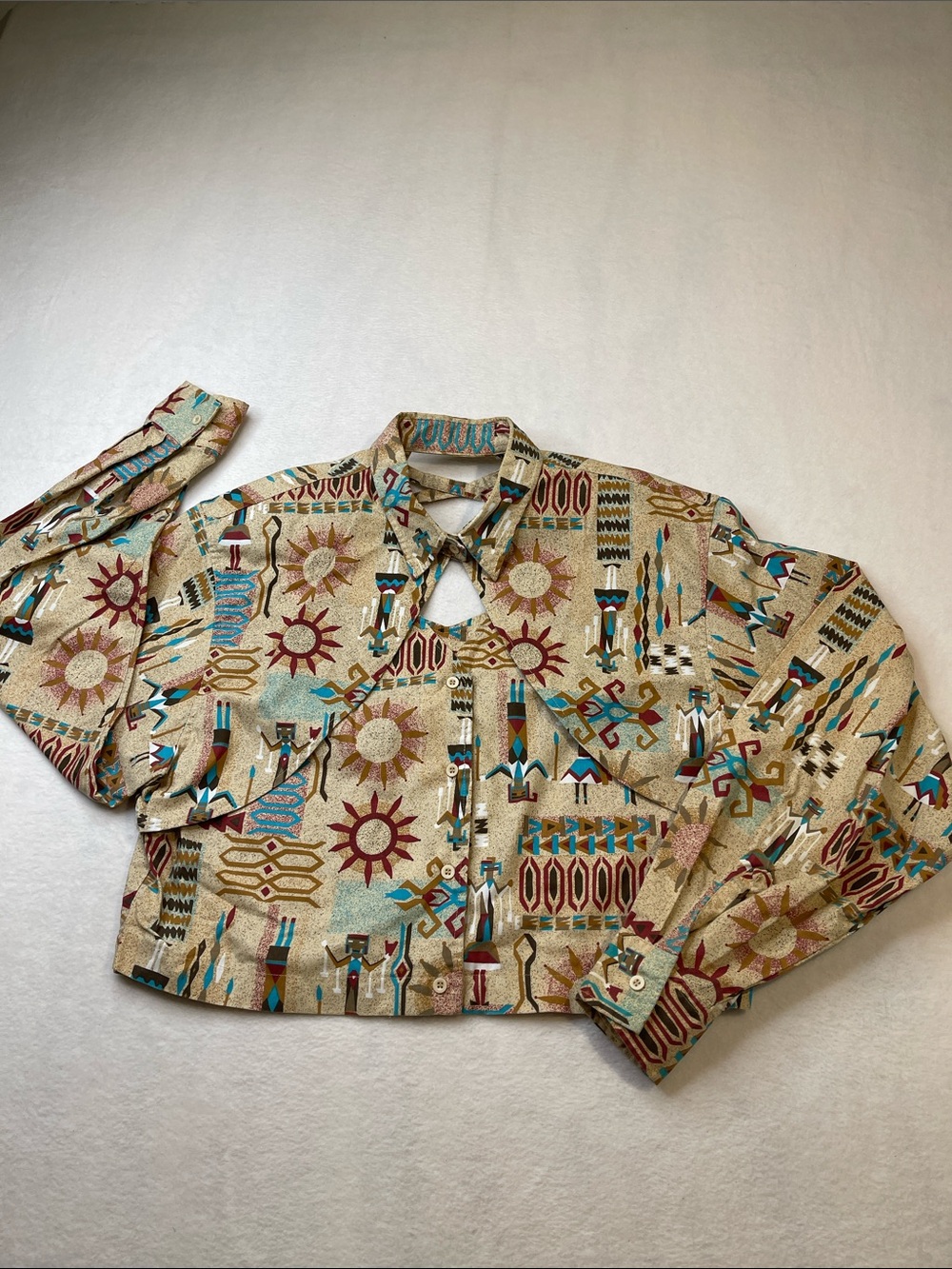 WRANGLER Southwestern Print Button-Up Crop Blouse in Beige, Teal & Rust SIZE XL